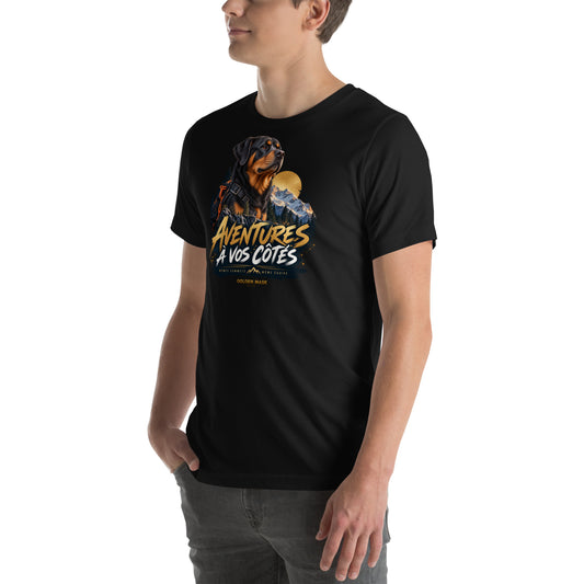 T-shirt noir Rottweiler Aventures à vos côtés — vue avant gauche
