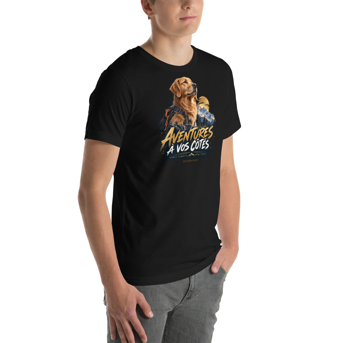 T-shirt noir Golden Retriever Aventures à vos côtés — vue avant droite