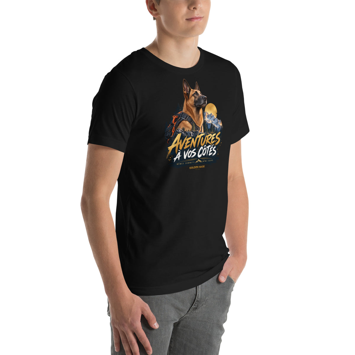 T-shirt noir Malinois Aventures à vos côtés — vue avant droite