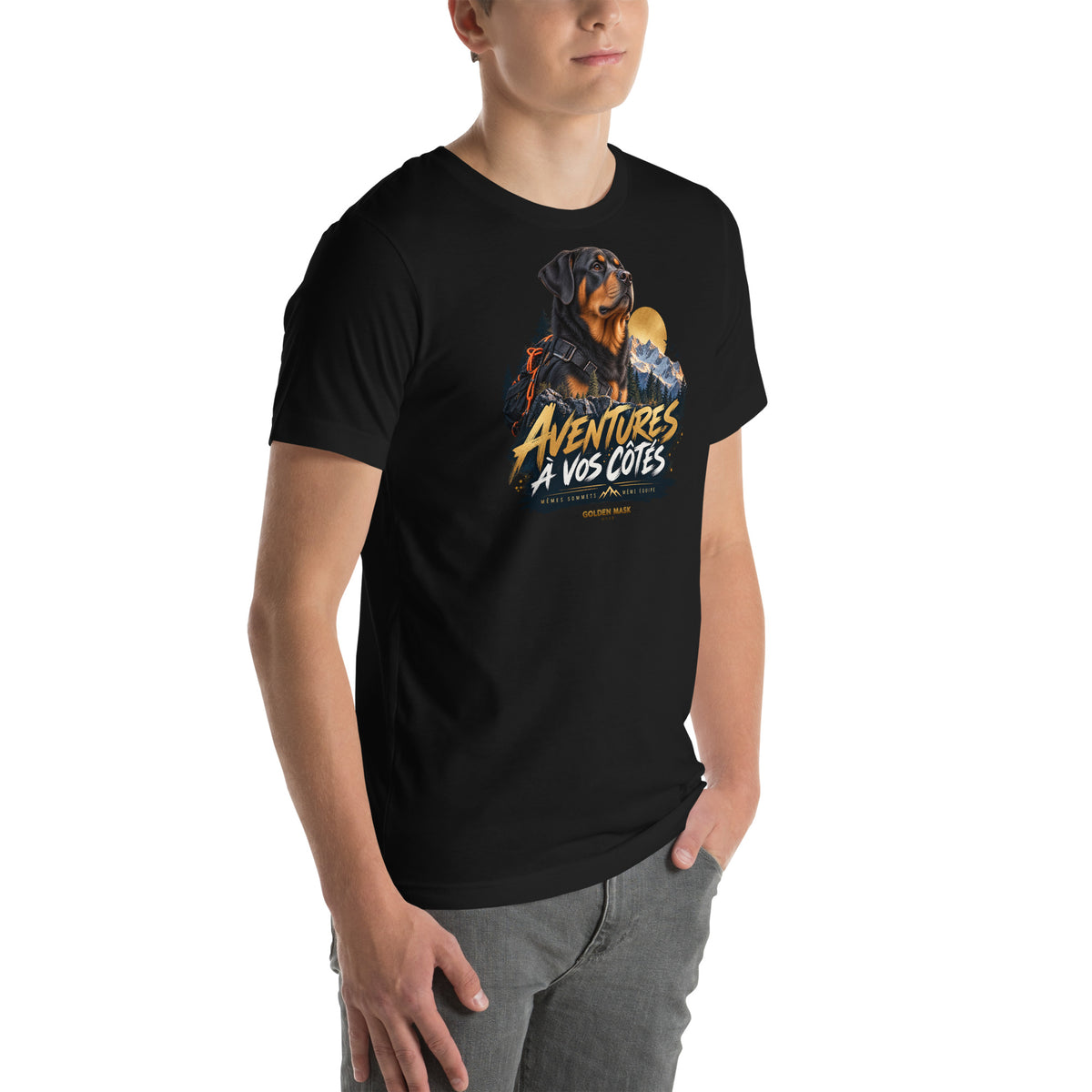 T-shirt noir Rottweiler Aventures à vos côtés — vue avant droite