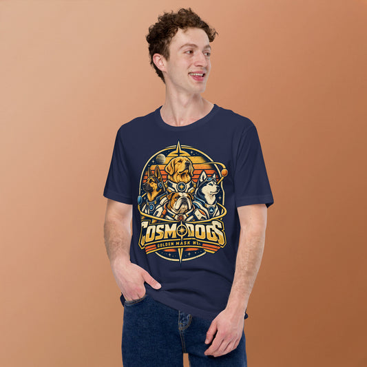 T-shirt COSMODOGS RÉTRO bleu nuit porté par un homme, motif de quatre chiens astronautes — Golden Mask Wear