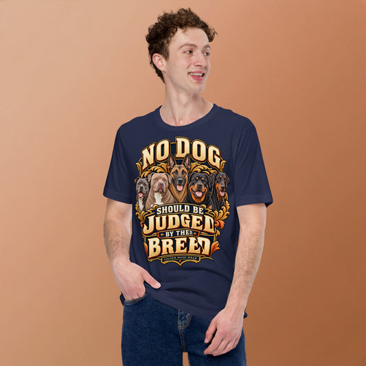 T-shirt No Dog Golden Mask Wear bleu nuit, Staffie, American Bully taupe, Malinois, Rottweiler et Dobermann — porté par un homme