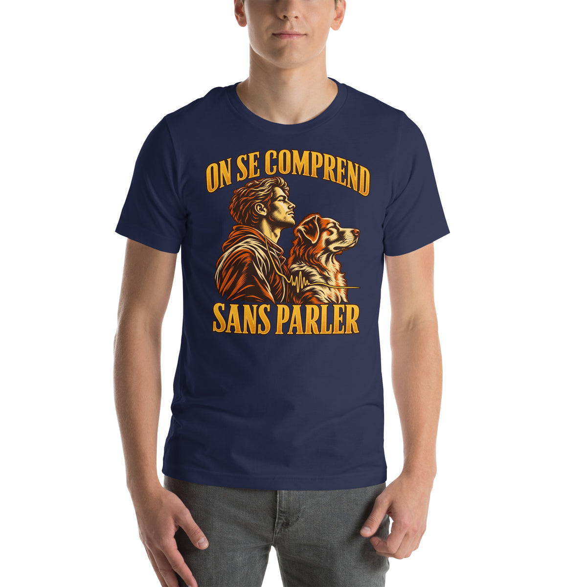 T-shirt bleu marine On se comprend sans parler Golden Mask Wear — vue de face, illustration d’un humain et de son chien