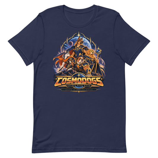 T-shirt rétro COSMODOGS bleu nuit, quatre chiens super-héros et Golden Retriever au masque doré — Golden Mask Wear, vue de face