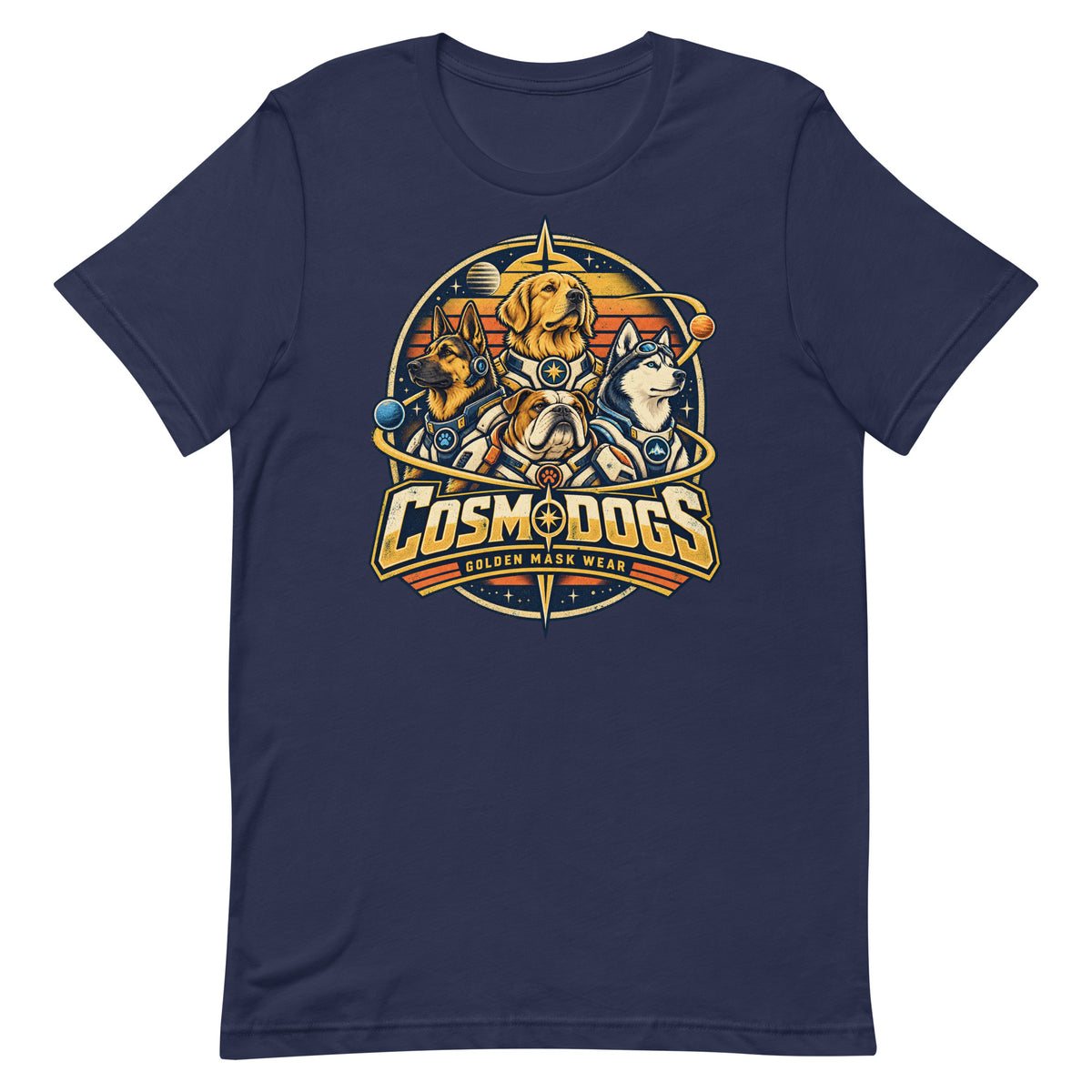 T-shirt COSMODOGS RÉTRO Navy, emblème vintage avec quatre chiens astronautes — Golden Mask Wear, vue de face