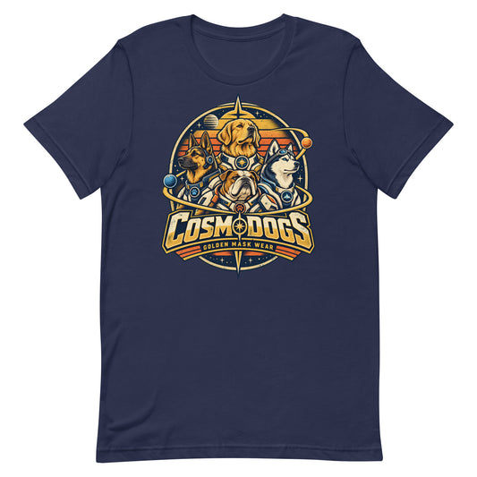 T-shirt COSMODOGS RÉTRO Navy, emblème vintage avec quatre chiens astronautes — Golden Mask Wear, vue de face