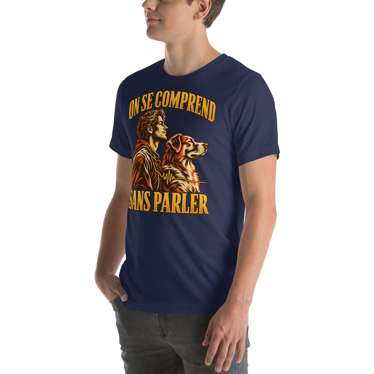 T-shirt bleu marine On se comprend sans parler Golden Mask Wear — vue trois-quarts avant gauche