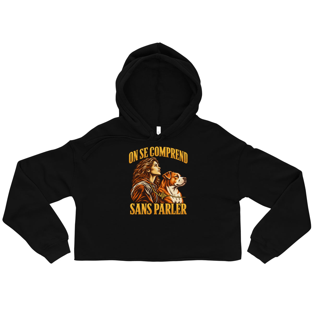 Sweat femme court Femme et Amstaff noir, illustration On se comprend sans parler sur le devant