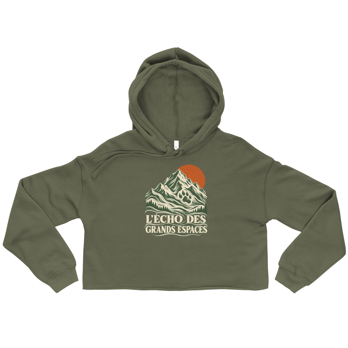 Sweat femme court vert militaire L’écho des grands espaces Golden Mask Wear, dessin de montagnes, sapins et soleil orange sur le devant