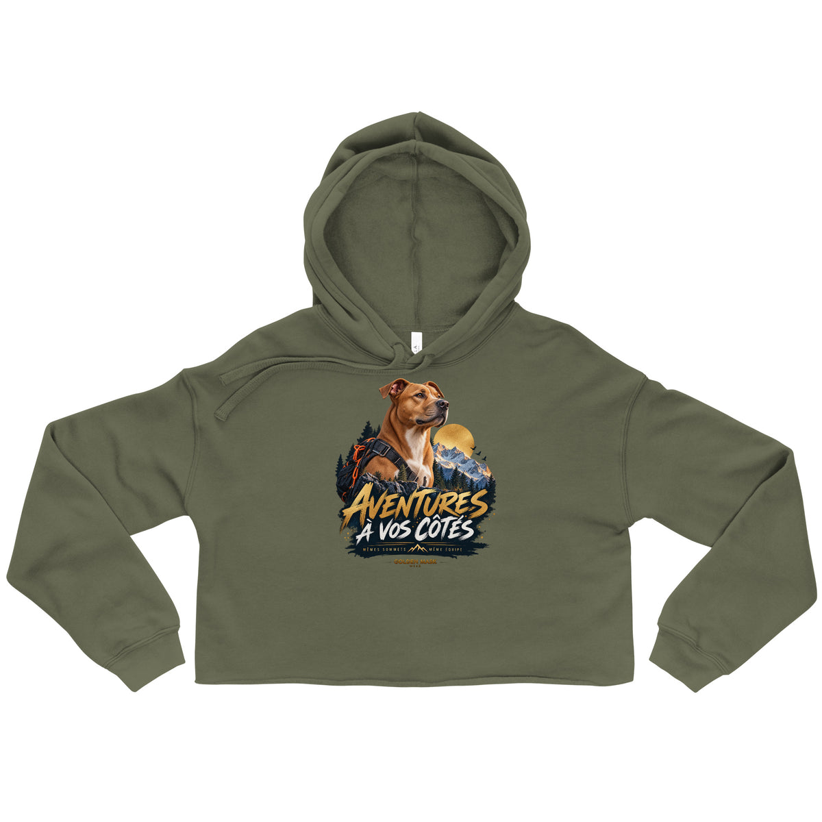 Sweat femme court Aventures à vos côtés Pitbull vert militaire, illustration sur le devant