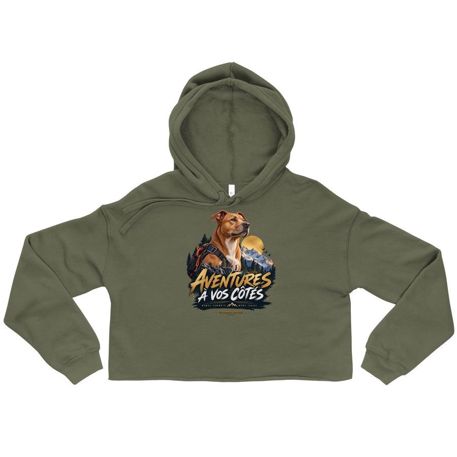 Sweat femme court Aventures à vos côtés Pitbull vert militaire, illustration sur le devant