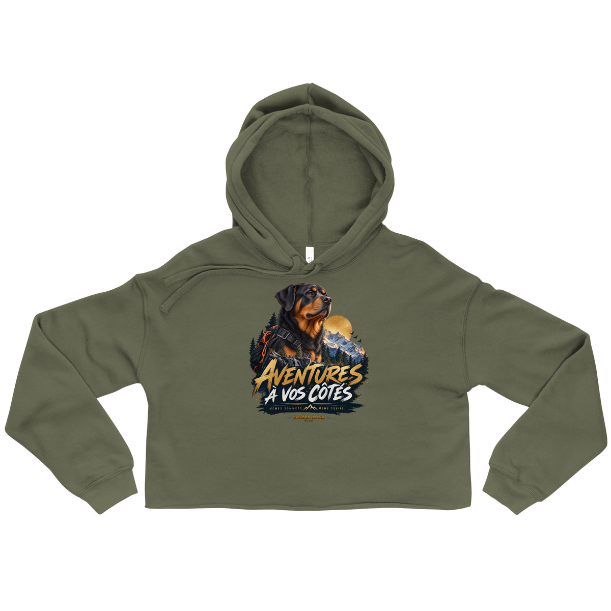 Sweat femme court Aventures à vos côtés Rottweiler vert militaire, illustration sur le devant