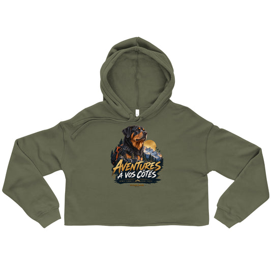 Sweat femme court Aventures à vos côtés Rottweiler vert militaire, illustration sur le devant