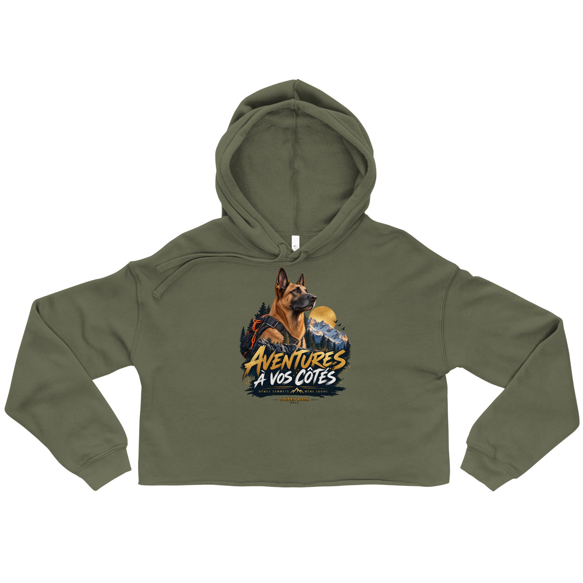 Sweat femme court Malinois — Aventures à vos côtés | Golden Mask Wear — vert militaire — vue de face