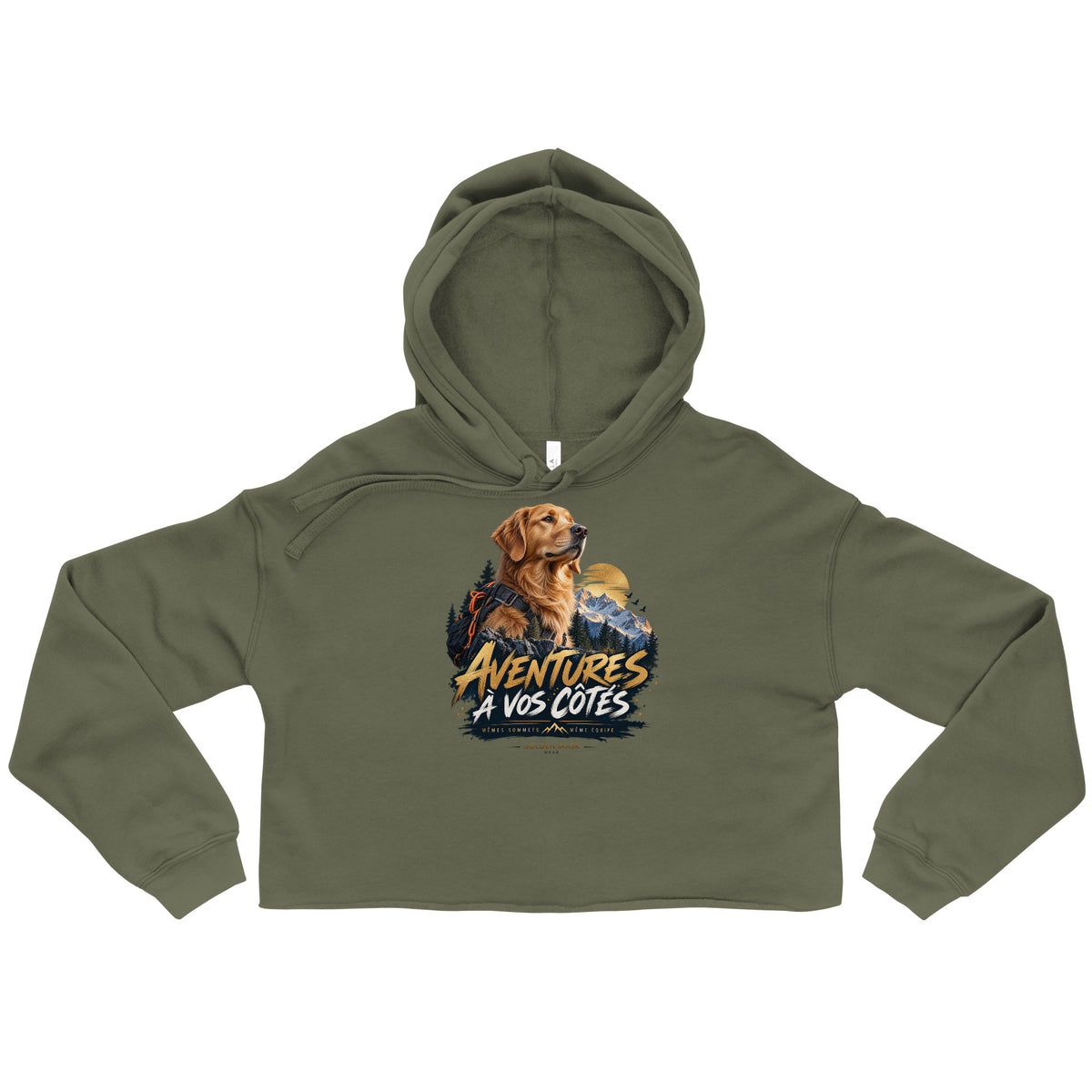 Sweat femme court Golden Retriever — Aventures à vos côtés | Golden Mask Wear — vert militaire — vue de face
